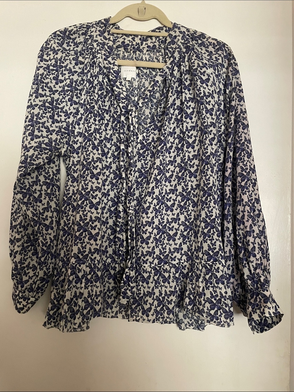 sundays Blue and White Butterfly Print Blouse